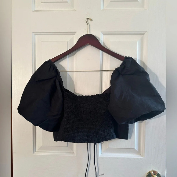 NWT! BODEN Halter Neck Cut Out Linen Crop Top US 12 Black Poof Sleeves Tie CUTE - Picture 9 of 15